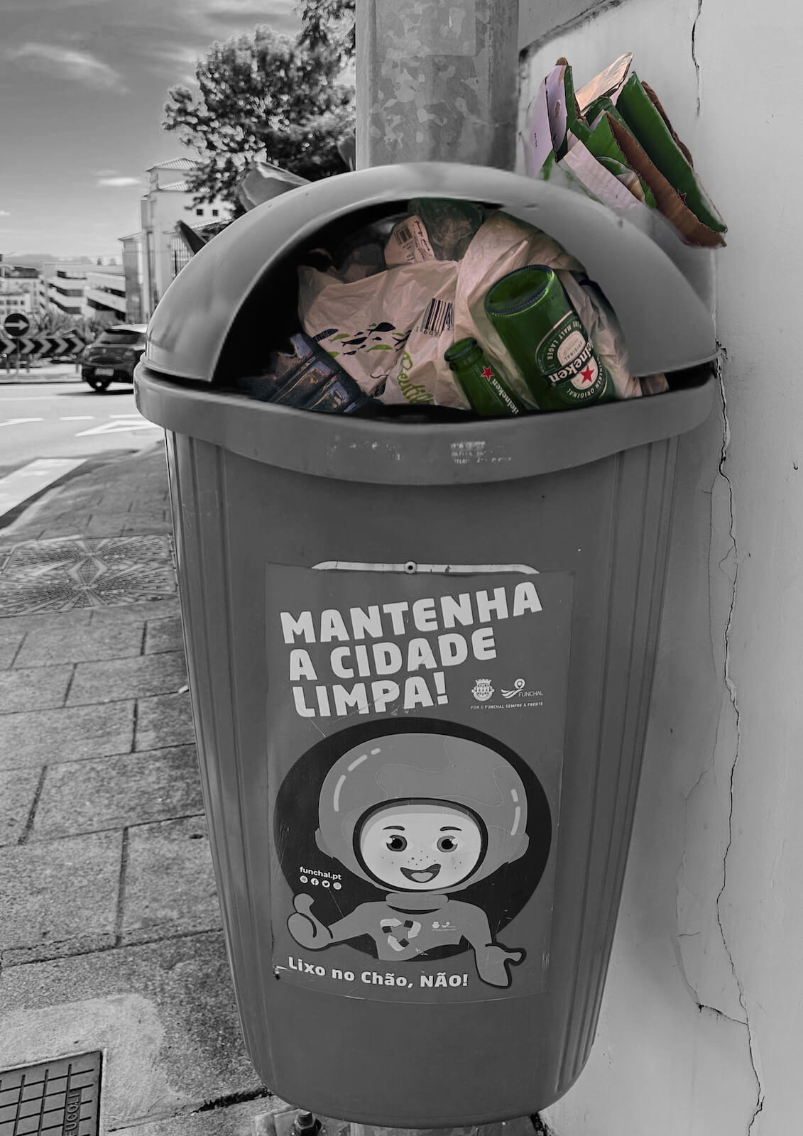 Overflowing trash bin with proper disposal